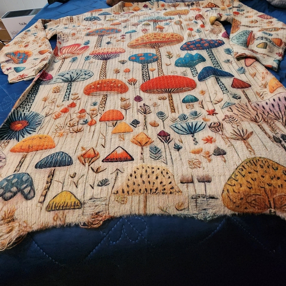 NIP Distressed Look Colorful Mushrooms Oversized Sweater - Picture 3 of 13